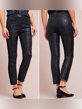 ANTHROPOLOGIE Essential Skinny Tuxedo Pant Black Floral Foil Jacquard Print